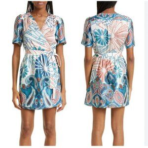 ba&sh Floral Paisley Jara Mixed Print Blue & White Short Sleeve Mini Wrap Dress